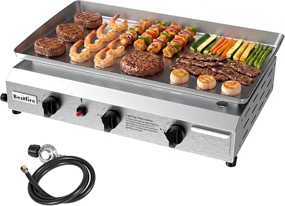 Bestfire 3 Burner 23 Inch Flat Top Propane Griddle 300000 BTU Outdoor Grill | Portable Camping Griddle Station for Kitchen, BBQ & Camping Tailgating