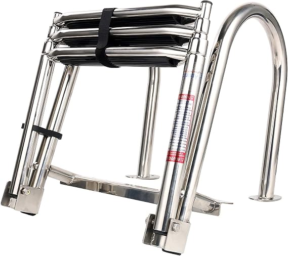 Amarine Made Boat Ladder, 3 Step Premium Stainless Folding Rear Entry Pontoon Boat Ladder w/Extra Wide Step