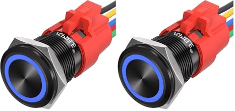 APIELE 19mm Momentary Push Button Switch On Off Aluminium Alloy with 12V LED Angel Eye Head for 19mm 3/4 Mounting Hole with Wire Socket Plug Self-Reset (Blue Led/Black Shell) (Pack of 2)