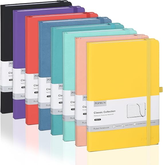POPRUN A5 Lined Notebooks for Work, Hardcover Journal, 240 Pages, 8 Colors | 5.5" x 8.3", PU Leather Journaling Notebook, 7 mm College Ruled, 70 GSM, Lay Flat, Inner Pocket, School, Metting, Business