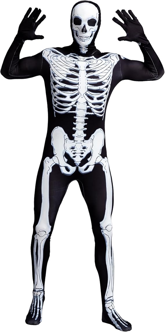 Spooktacular Creations Skeleton Bone Bodysuit Halloween Costumes Skin for Men with Skeleton Hood Mask