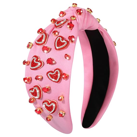 NVENF Valentines Day Headband for Women Love Heart Headband Jeweled Crystal Rhinestone Knotted Hairband Red Pink Wide Top Knot Hairband Valentines Day Hair Accessories Gifts (Bead Heart 1)