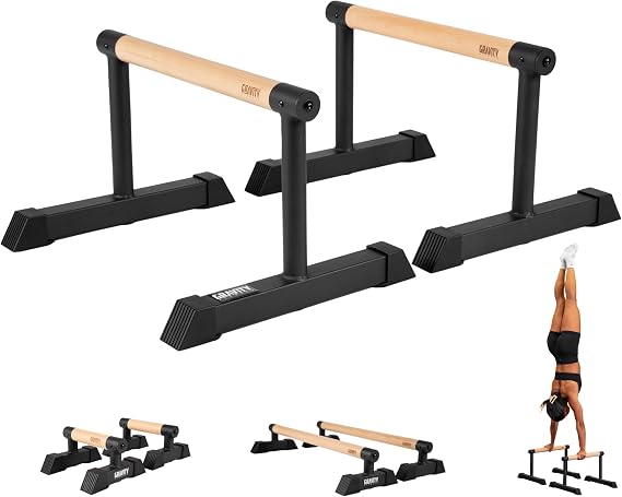 Gravity Fitness Parallettes Bars with Hybrid Wooden Handles, Stable for Calisthenics, Gymnastics, Strength Training, Portable & Lightweight for Home or Commercial Gym