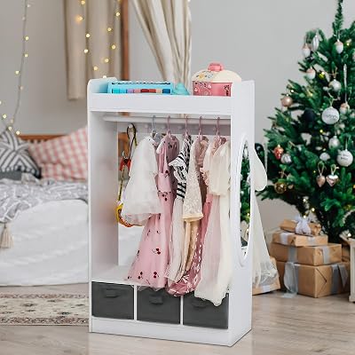 Karl home Large Dress up Storage wMirror, Kids Costume Organizer, Portable Closets with 3 Non-Woven Drawers, Kids Costume Closet Open Storage Space, for Children Bedroom Party Nursery, White