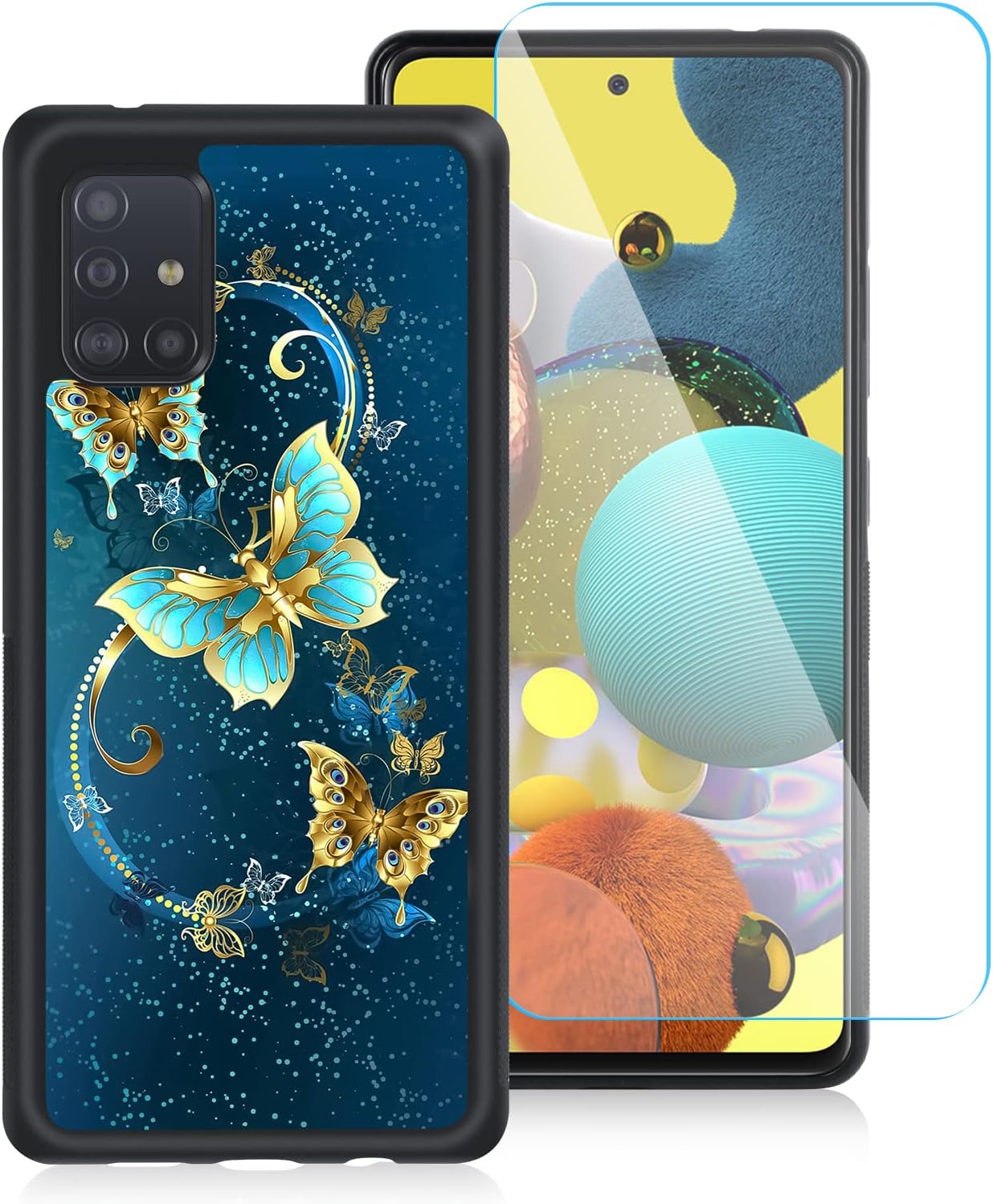 OOK Compatible with Samsung Galaxy A51 5G 6.5 inch Case, [Built in Screen Protector],Cute Blue Butterfly Design Hard PC Back Anti Slip Shockproof Protective Case for Samsung Galaxy A51 5G