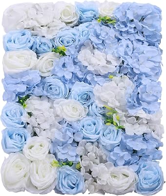 4Pcs Artificial Flower Wall Panel Floral Backdrop Wall 24 X 16 Flower Wall Decor Wall Panel Flower Wall Backdrop Faux Flower Panel for Party Home Background Decor Blue & White