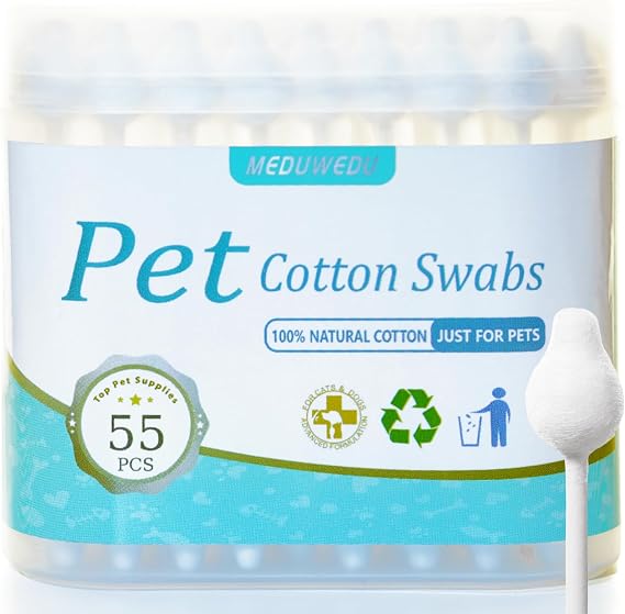MEDUWEDU Pet Cotton Swabs, 55 Count|Gourd-Shaped Tips|Soft Cotton & Paper Stick|Dog & Cat Ear Cleaner Swabs|Safe Grooming Tool for Pets