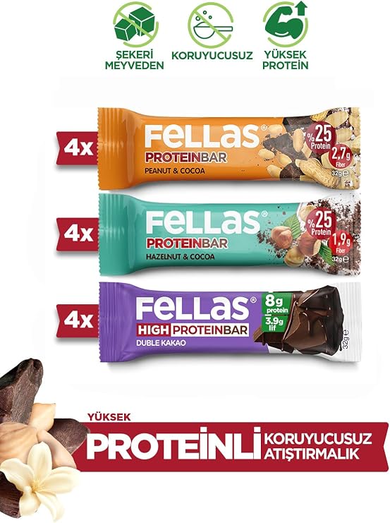 Fellas Protein Bar, Karma Kutu (3 Çeşit), 32gr x 12 Adet