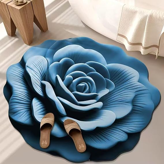 31.4inch Floral Plush & Diatomaceous Earth Floor Mat, 3D Visual Flower Shaped Diatom Mud Floor Rugs, Realistic Pattern Non-Slip Absorbent Mat for Bedroom, Kitchen, Living Room (Blue)