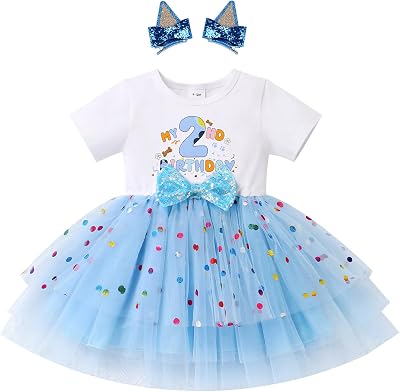 IMEKIS Toddler Birthday Girl Sparkle Confetti Ruffle Tutu Dress Dog Ears Hair Clips Outfit Cake Smash Photo Shoot 1-6T