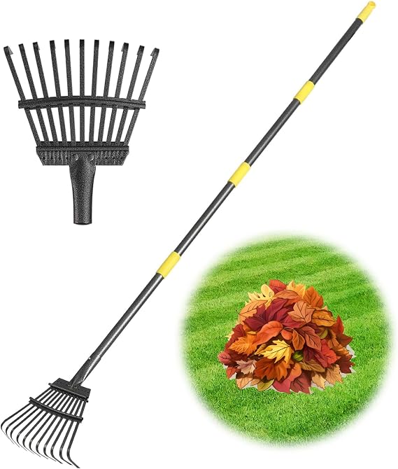Rake for Leaves, Small Leaf Rake for Garden, 70-inch Adjustable Metal Rakes-Tool with 11 Steel Tines for Gardening, Yard, Shrub, Flower Beds, Lawns