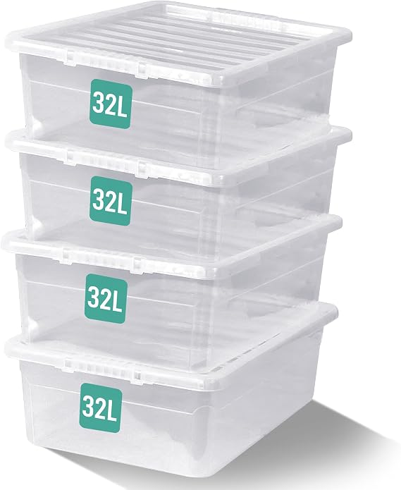Klass 4 PCS 32L Underbed Plastic Storage Boxes With Lids, Clear Storage Box