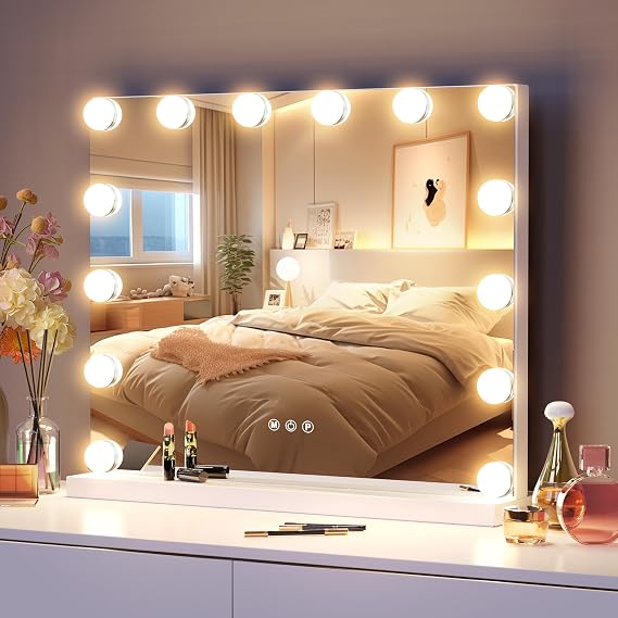 Hollywood Vanity Mirror with 14 LED Bulbs,Lighted Makeup Mirror with Light | Professional Lighted Makeup Mirror, Adjustable Brightness & 3 Color Temperatures, Light up Mirror for Bathroom,Dressing Room