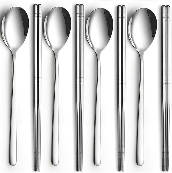 4 Set Korean Chopsticks and Spoons, Stainless Steel Metal Set, Reusable Flat Long Handle Set for Home, Kitchen or Restaurant