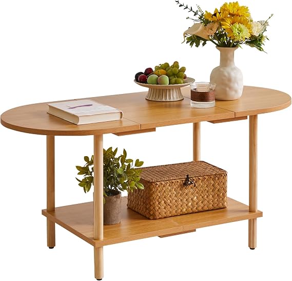 Aibiju Wooden Tea Table Splicing Design, 2 Tier Coffee Table for Living Room, 35x16x17inch TV Table Stand with Storage Shelf Natural Wood Color YD-011N