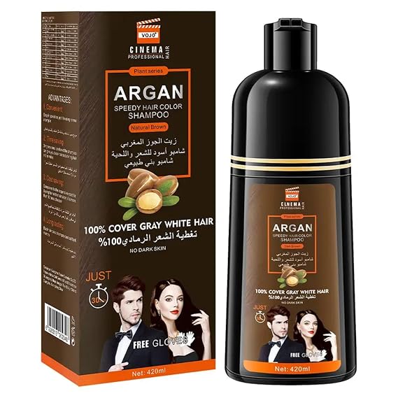 Natural Brown Hair Dye Shampoo 420ml Ammonia-Free, Argan Oil Infused, Long-Lasting Gray Coverage, Herbal Hair Color, Sulfate-Free & Nourishing Formula
