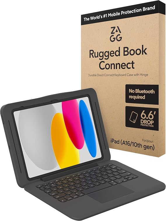 ZAGG Rugged Book Connect iPad 11" (A16) / 10.9" (Gen 10) Case - Keyboard Case for Classroom, 6.6ft Drop Protection, USB-C Direct Connect, Trackpad, Water-Resistant, Detachable Case, Asset Tag Window