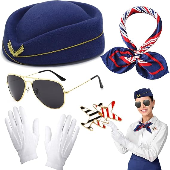 Beamely 5Pcs Airline Stewardess Costume Accessories Set, Flight Attendant Fancy Dress Kit with Stewardess Hat Scarves Brooch Sunglasses Gloves Cosplay Outfit for Adults Girls Cosplay Dress up Party