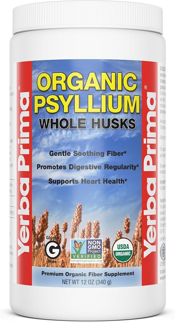 Yerba Prima Organic Psyllium Whole Husks, 12 Ounce Fiber Supplement, Non GMO, Certified Organic