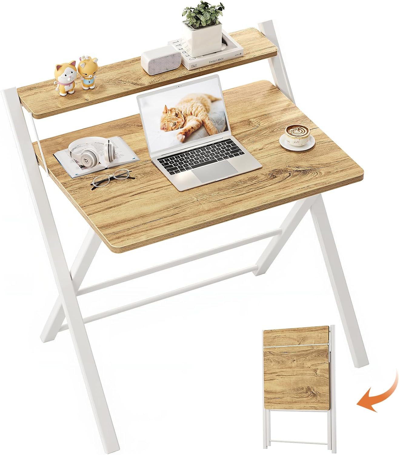 GreenForest Foldable Desk No Assembly Required,Small Desk with Monitor Shelf,Computer Desk for Small Space,Oak