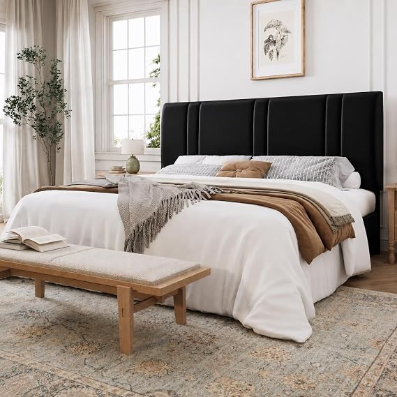 SHA CERLIN King Size Velvet Bed Frame with Adjustable Headboard, Black