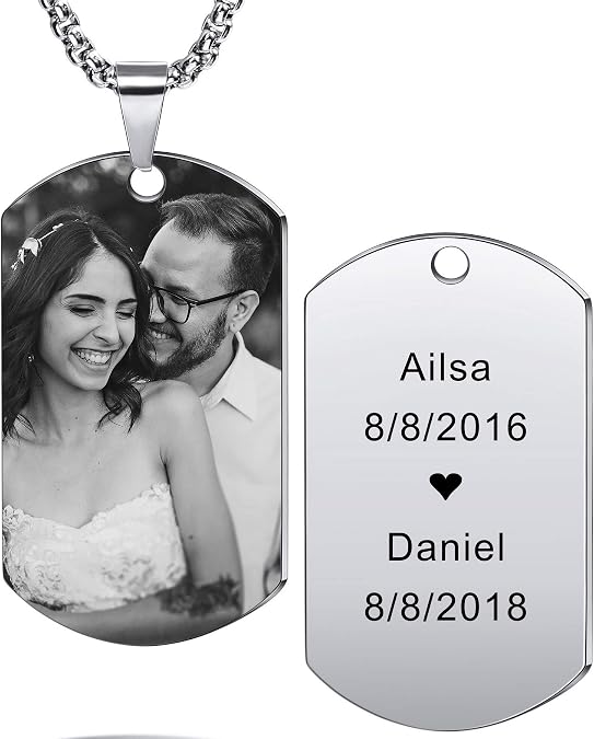 MeMeDIY Personalized Dog Tag Pendant Necklace Engraving Text/Black & White Picture for Men Women Memorial Stainless Steel/Tungsten Jewelry Bundle with Adjustable Chain, Keychain, Silencer