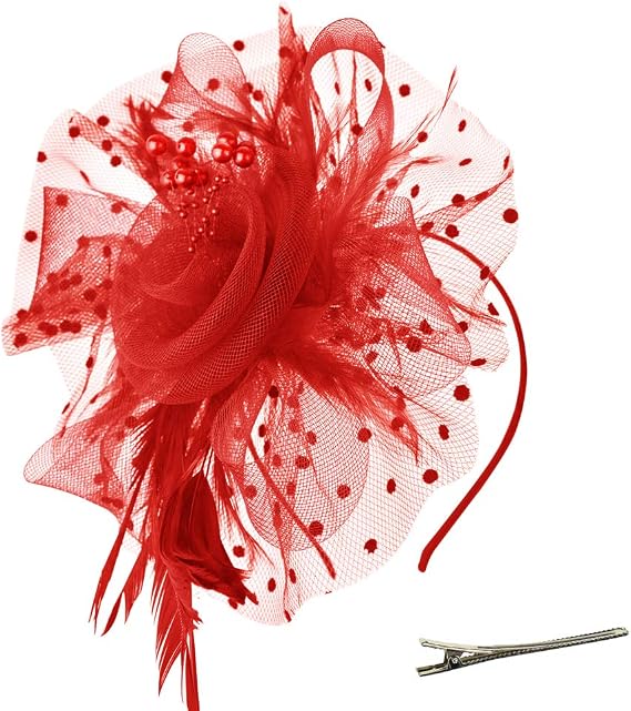 DRESHOW Fascinators Hat Flower Mesh Ribbons Feathers on a Headband and a Clip Tea Party Headwear for Girls and Women