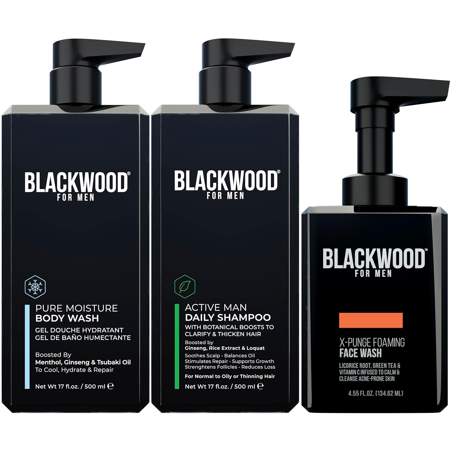 Blackwood For Men Pure Moisture Body Wash 17 oz, Active Man Daily Shampoo 17 oz, and X-Punge Foaming Face Wash 4.55 oz Bundle for Men