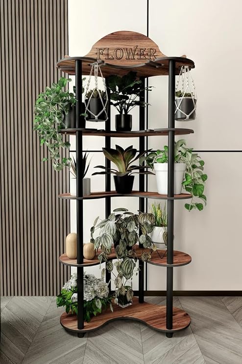 MİMOSA FLOWER POT WALNUT - Modern Black Wooden Leg, Black Color Retro Design, Suitable for Home and Office Decoration, Multi-Storey Plant Stand, Flower Pot Shelving Unit