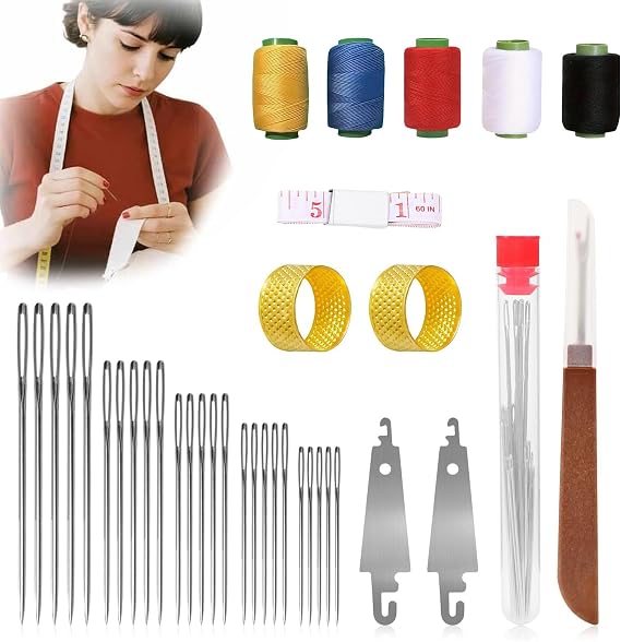 Iemtic Sewing Tool Set, Big Eye Steel Sewing Needle Kit, Threader and Needle Repair Kit Stainless Steel Needles for Hand Sewing (37PCS)