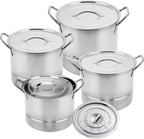 Alpine Cuisine 12-Piece Stainless Steel Stock Pot and Steamer Set Large Cooking Pots with Lids For Soup, Boiling, Canning, Steaming, Tamales 6.5/9.5/12/16 Quart