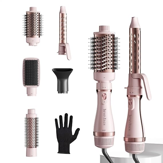 Hair Dryer Brush, 5-in-1 Blow Dry Hair Brush, Multi Hot Air Styler for Drying and Styling Volumizing Curling Sleeking in One Step, Ceramic Coating, Less Frizz, 3 Temperatures, Pink