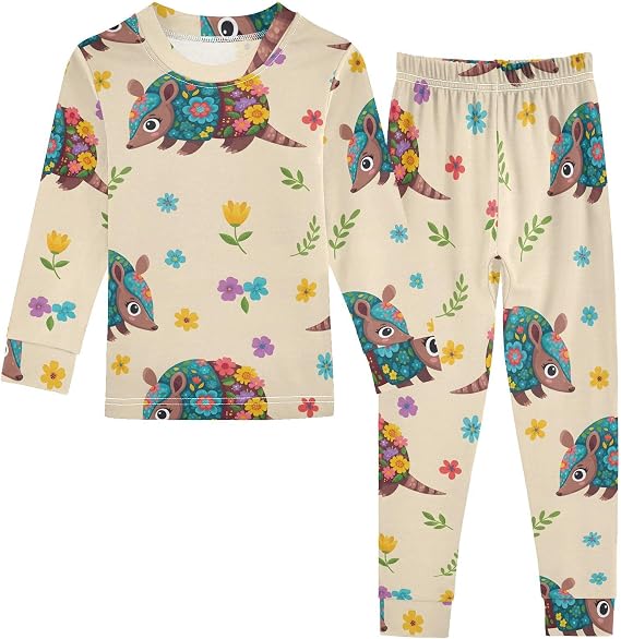 Pajama Sets Long Sleeve Armadillos Animal Floral Pattern Soft Comfy Sleepwear 2 Piece PJS 3-8T
