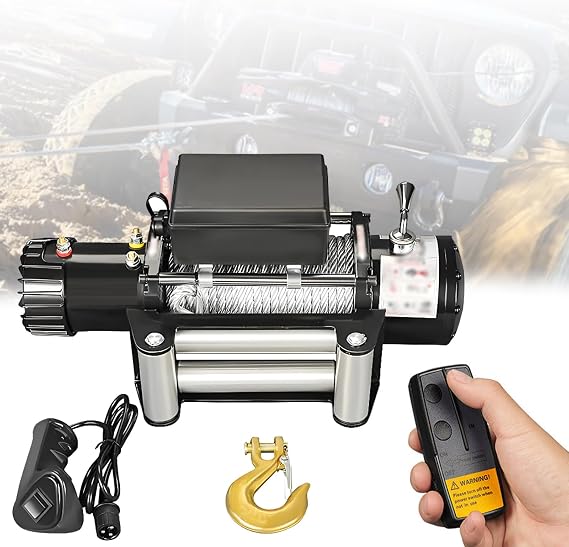 12V/24V Truck Waterproof Winch Electric Steel Rope Electric Winch with Roller Fairlead & Wireless/Hand Remote Controller, 3000/3500/4000/4500/6000LBS Trailer Winch 4000LBS