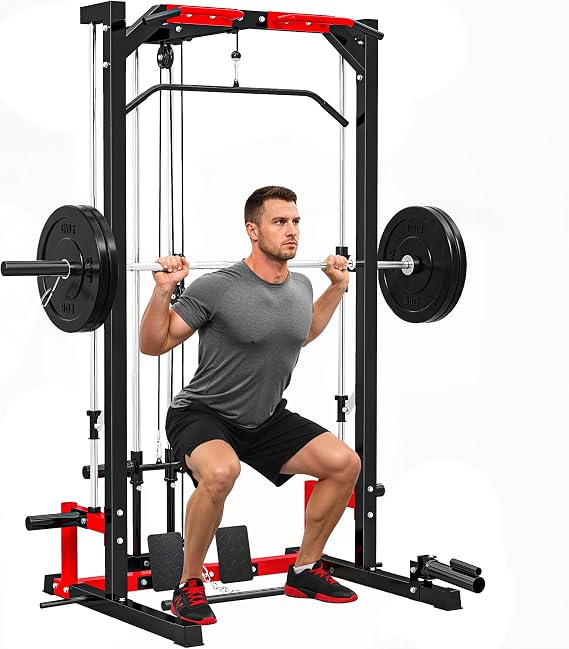 SPORTNOW Multi-Function Power Rack Cable Crossover Machine Home Gym Workout | Pull Up Bar, Lat Pull Down System, Squat Rack, Barbell Bar, Landmine, Plate Storage Posts