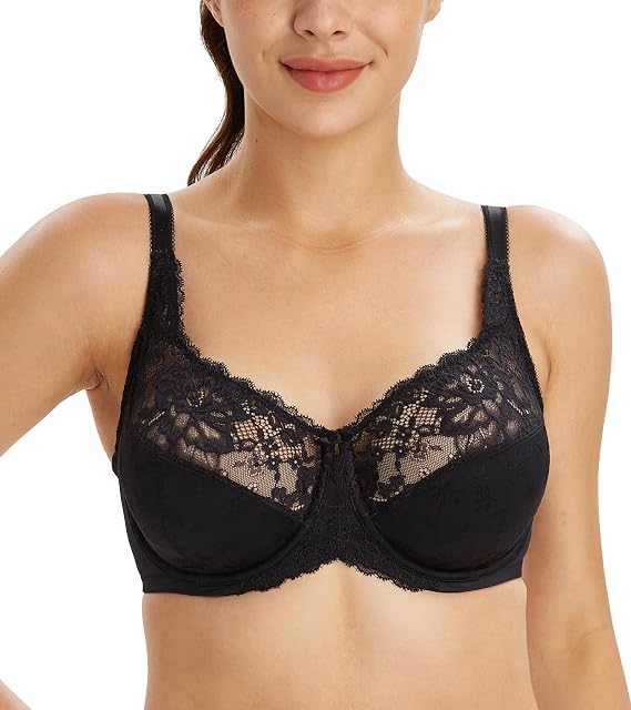 Lemorosy Women's Full Coverage Flower Lace Underwire Unpadded Minimizer Bra | Unlined