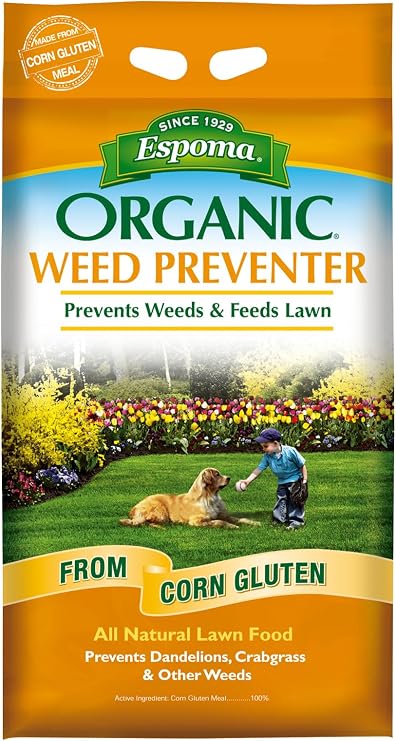 Espoma Organic Weed Preventer Plus Lawn Food from 100% Corn Gluten Meal. Helps Prevent Weed Seed Establishment and Provides Organic nitrogen That Keeps lawns a deep Green Color. 25 lb. Bag