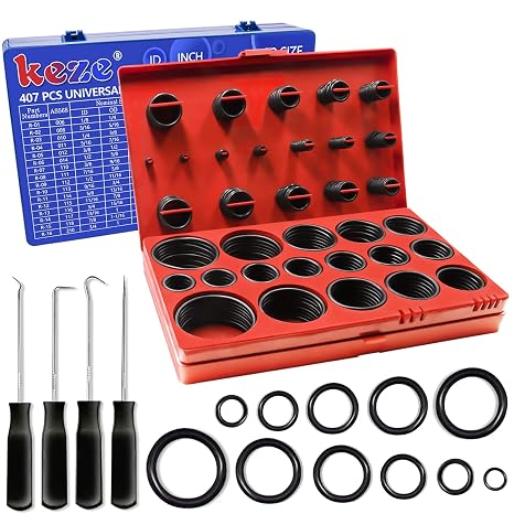 KEZE 826 Pcs Universal SAE and Metric O-Rings Kit,Standard 32 Metric & Inch Sizes O ring Assortment in 2 Box with 4 Piece Pick and Hook for Automotive Faucet Hydraulics Hose Air and Gas Sealing Repair