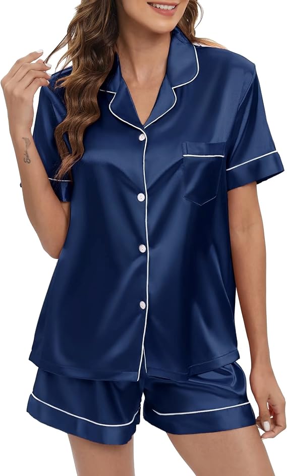 Women's Satin Pajamas sets Short Sleeve Sleepwear Soft Silk Button Down Loungewear Pjs Shorts Set