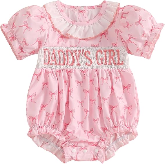 Newborn Baby Girl Romper Bow Embroidery Short Sleeve Pleated Smock Bubble Romper Jumpsuit Bodysuit Summer Clothes