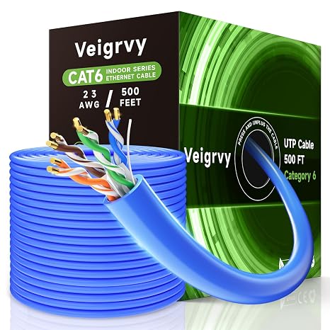 Cat 6 Bulk Ethernet Cable 500 ft, 23AWG Solid Bare Copper, High Speed Cat6 Network LAN Cable with RJ45 Connector, 550MHz 10Gbps, PoE+, UTP, Compatible with Router, Modem, Gaming, PC, Blue