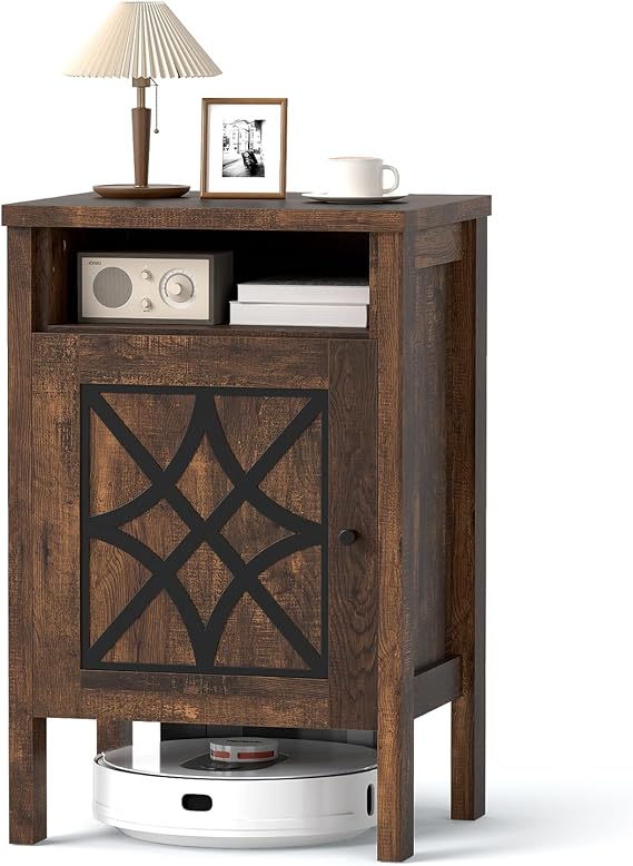 GOFLAME Robot Vacuum Storage Cabinet, Retro Sofa Side End Table with Hidden Robotic Vacuum Cleaner Storage & Open Compartment, Sweeping Robot Stand Cabinet for Living Room, Bedroom, Rustic Brown