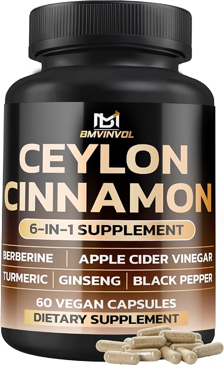 Ceylon Cinnamon Capsules with Berberine HCl Supplement - Panax Ginseng, Apple Cider Vinegar, Turmeric Curcumin - 60 Capsules - 2 Month Supply