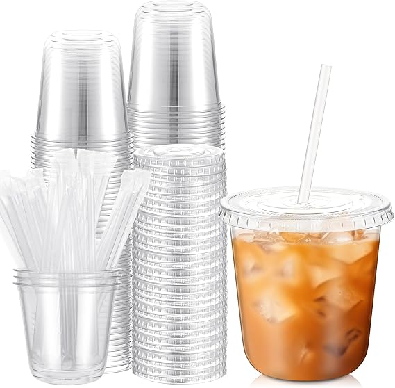 Ziliny 25 Sets Clear Plastic Cups with Lids and Straws, Disposable Iced Coffee Cups for Drinking, Cold Drinks, Juice, Smoothie, Pet Cup for Coffee Shops, Party, Christmas (10 oz)