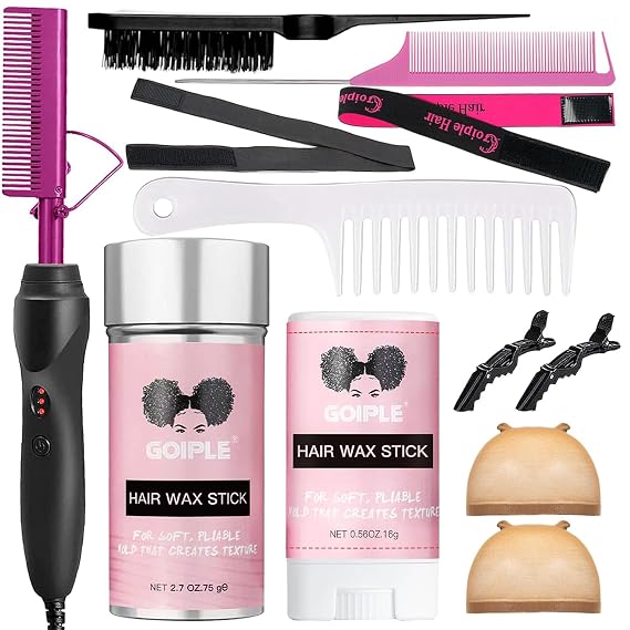 Goiple Electric Hot Comb Pink Hair Straightener Electrical Straightening Comb Curling Iron for Natural Black Hair Wigs with Wide Tooth/Rat Tail Comb, Wax Stick, Wig Cap, Edge Band, Hair Clips