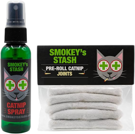 Smokey's Stash Catnip Spray 2 Ounce Bottle with Cat nip Filled Pre Roll Joints for Cats - 5 Joints per Pack