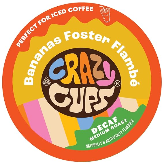 Crazy Cups Decaf Banana Coffee Pods, Decaffeinated Bananas Foster Flambe Flavored Coffee, Single Serve Hot or Iced Medium Roast Coffee for Keurig K Cups Machines, 22 Count