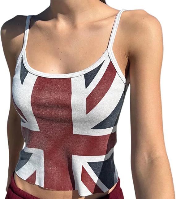 Women Sexy Spaghetti Straps Union Jack Flag Cropped Tank Tops Vest Sleeveless Low Cut Slim Fitted British Flag Pattern Cropped Tops Camisoles Women Basic Strappy Tops