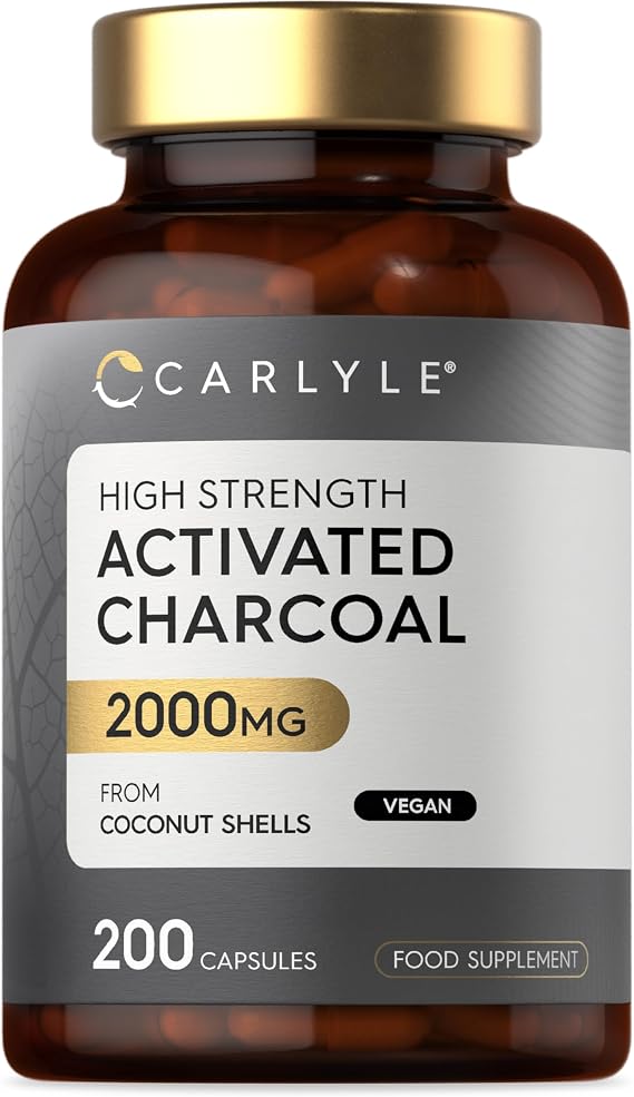 Activated Charcoal Capsules 2000mg | High Strength Activated Charcoal Powder from Coconut Shells | 200 Vegan Tablets | by Carlyle