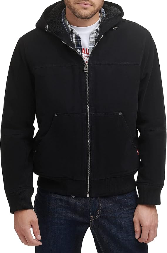 Levi's Men's Workwear Cotton Canvas Hooded Bomber Jacket (Regular & Big & Tall Sizes) Washed Cotton Workwear Sherpa Hoody Bomber Denim Jacket